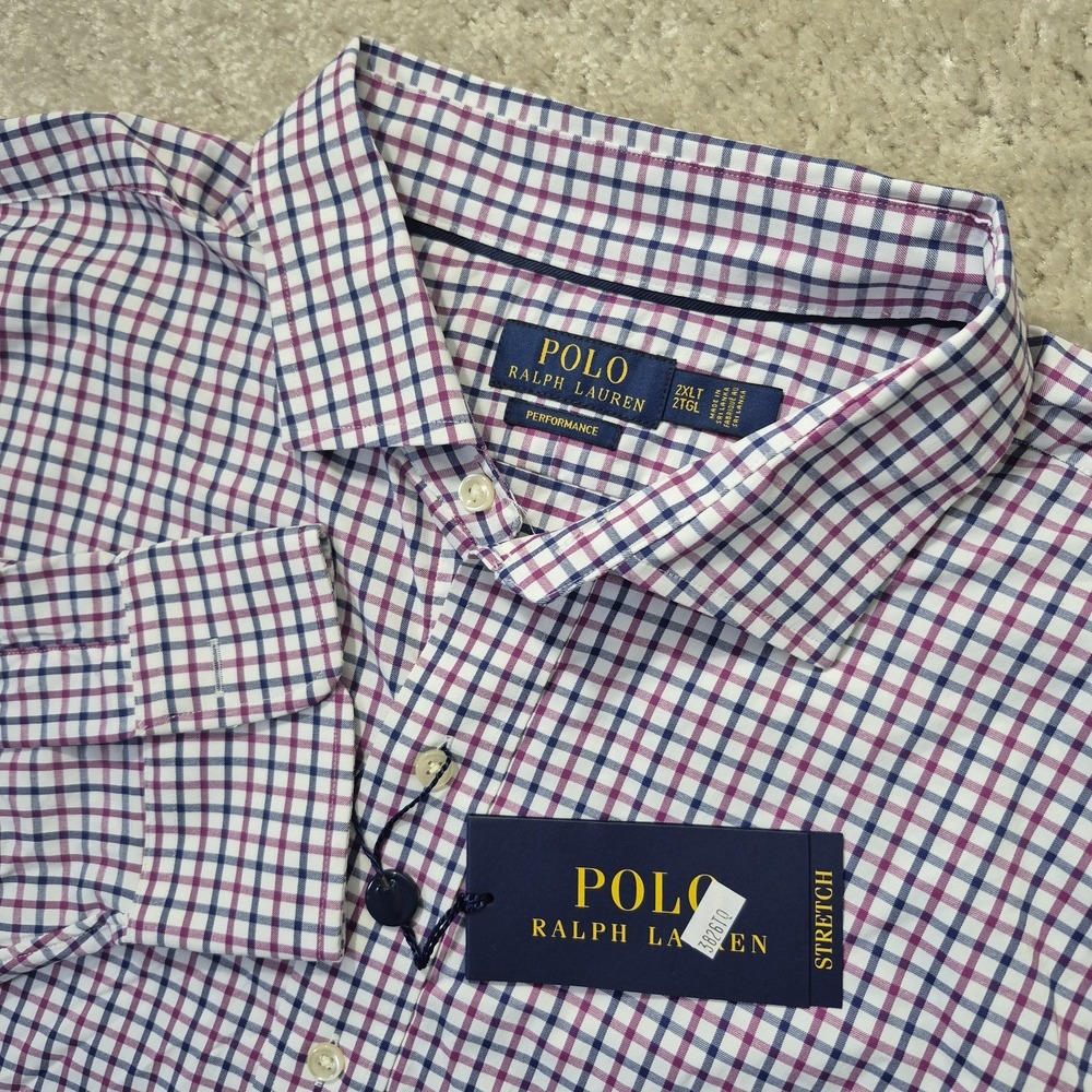 Polo Ralph Lauren Performance Shirt Mens 2XLT Blue Purple Check Button Up New